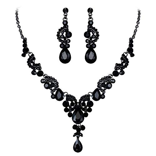 EVER FAITH Rhinestone Crystal Bridal Floral Wave Teardrop Necklace Earrings Set - color: 2pcs_Black Black-Tone