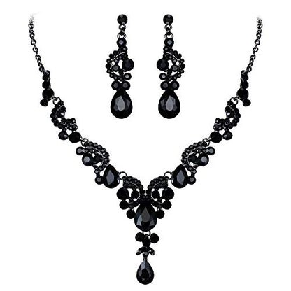 EVER FAITH Rhinestone Crystal Bridal Floral Wave Teardrop Necklace Earrings Set - color: 2pcs_Black Black-Tone