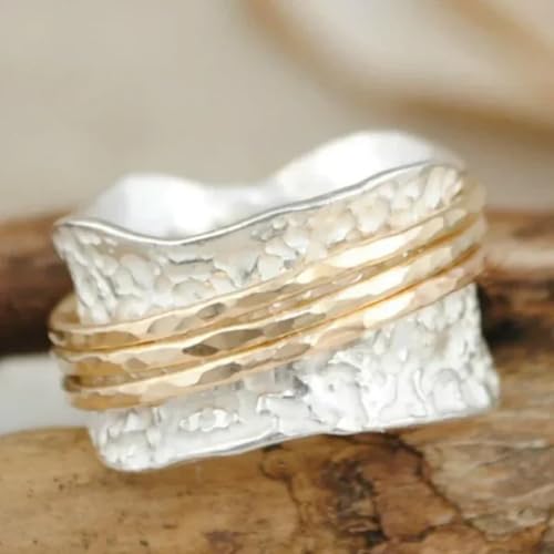 Vintage Hammered Texture Wide Band Ring, 15mm Wide Brass Double Plated (Silver & Gold) with Wavy Edge and Triple Gold Wire Inlay