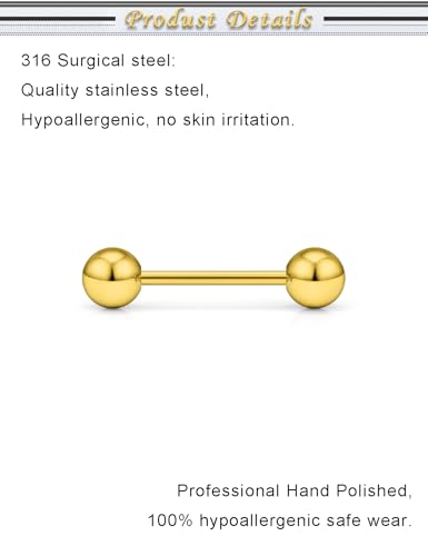 16G 14G Surgical Steel Tongue Rings Nipple Rings Industrial Piercing Jewelry Set Multi Size Straight Barbells 12mm 14mm 16mm 19mm 22mm 28mm 32mm 35mm 38mm 40mm 45mm for Women Men - color: goldtone, size: 16g,bar length 12mm