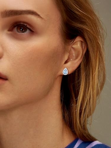 FindChic Birthstone Earrings for Women, Round/Heart/Square/Teardrop Earrings with 925 Sterling Silver Posts & Push Backs, Hypoallergenic Studs with Cubic Zirconia, 12 Months Jewelry with Gift Box - style: 03. March-Aquamarine (Teardrop)
