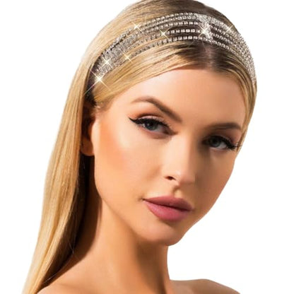 Jeairts Rhinestone Head Chain Forehead Bridal Headband Elastic Crystal Hair Band Halloween Prom Hair Jewelry for Women - color: 1-Silver