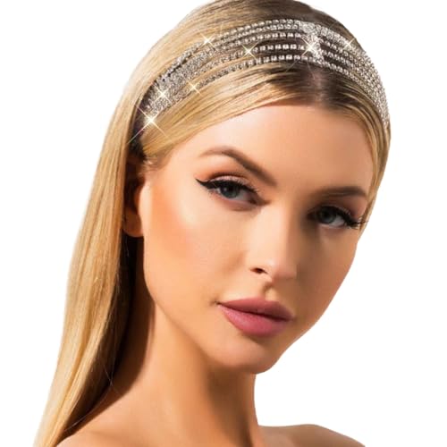 Jeairts Rhinestone Head Chain Forehead Bridal Headband Elastic Crystal Hair Band Halloween Prom Hair Jewelry for Women - color: 1-Silver