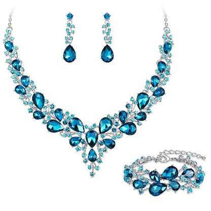 Crystal Bridal Jewelry Set, Floral Statement Necklace, Earrings, Bracelet, Wedding Accessories - color: Topaz Blue