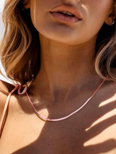 ChainsHouse Flat Snake Chain Herringbone Choker Necklace for Women, Stainless Steel/Rose Gold/18K Gold Plated Dainty Adjustable Simple Short Layered Necklaces, 12"/15"/18" with 3.5" Extender - color: a. rose gold-3mm