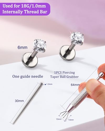2PCS 20G/18G/16G Titanium Flat Back Nose Studs Internally Thread Cartilage Earring Studs Clear CZ Helix Tragus Earrings for Women Medusa Labret Stud Conch Piercing Jewelry Hypoallergenic - size: 1.0*6mm