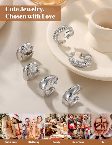 BESTEEL 3Pairs Clip on Earrings for Women Trendy Chunky Hoops Fake Earrings | Hypoallergenic 14K Gold Plated Lightweight Tube Croissant Waterdrop Clip-on Earrings Set Non Pierced Earrings Jewelry Gift - color: Silver-Trendy