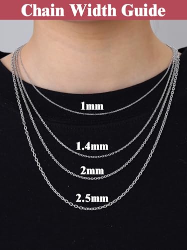 FOCALOOK Womens Chain Necklace, 1/1.4/2mm Thin Cable Link Necklace Chain | Hypoallergenic 316L Stainless Steel, Non Tarnish, Sturdy Chain for Pendants, 14K Gold Plated/Silver/Rose Gold/Black, 14-30" - color: 1mm Silver, size: 14 Inch