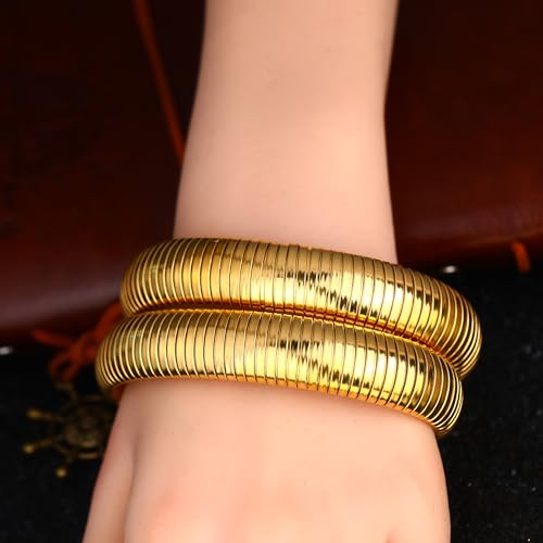 Gold Chunky Stretch Snake Chain Bangle Bracelets Stack for Women Trendy, 18K Gold Filled Stainless Steel Stretchy Womens Stackable Wristband Bangles Bracelet Set - style: GOLD 16MM 2PCS