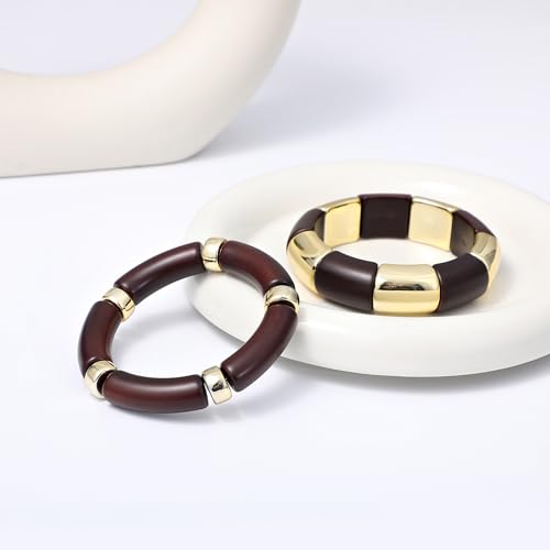 GOOJIDS Simple Beaded Gold Plated Bangles Bracelet Chunky Bamboo Tube Curved Stacking Clear Acrylic Colorful Beads Stretchable Gold Plated Bracelets Set For Women - color: T-Dark Brown 2 set