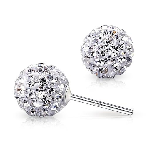 925 Sterling Silver Woman Earrings with Box Disco Ball White Crystals Dangle Hook Stud Earrings for Women - size: 8 mm