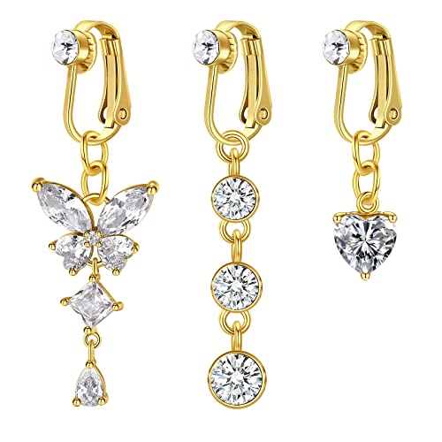 D.Bella Fake Belly Ring Fake Belly Piercing Clip on Belly Button Rings Surgical Steel Fake Belly Button Ring Fake Earrings Diamond Snake Dangle Non Piercing Fake Belly Piercing Jewelry - style: Gold-A