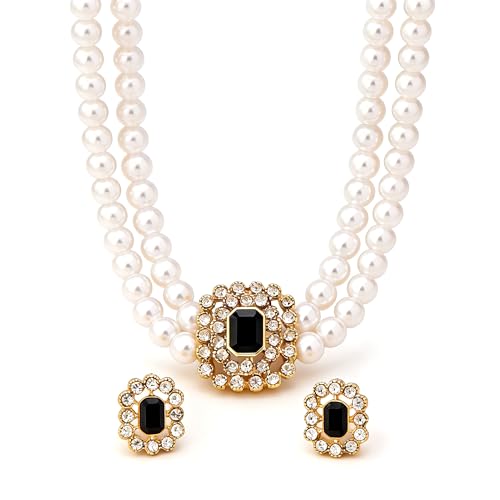 Classic Double Strand Faux Pearl Choker Necklace and Earrings Set with Crystal Accent, Elegant Jewelry for Special Occasions and Everyday Wear - color: black