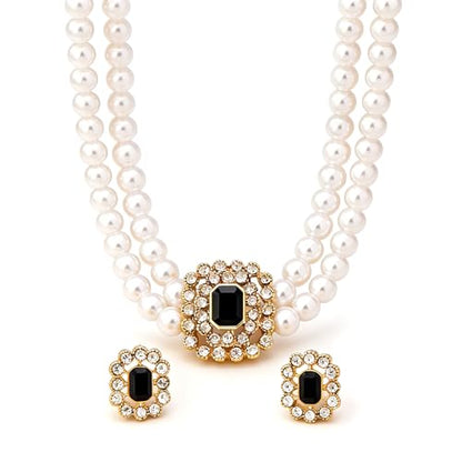 Classic Double Strand Faux Pearl Choker Necklace and Earrings Set with Crystal Accent, Elegant Jewelry for Special Occasions and Everyday Wear - color: black