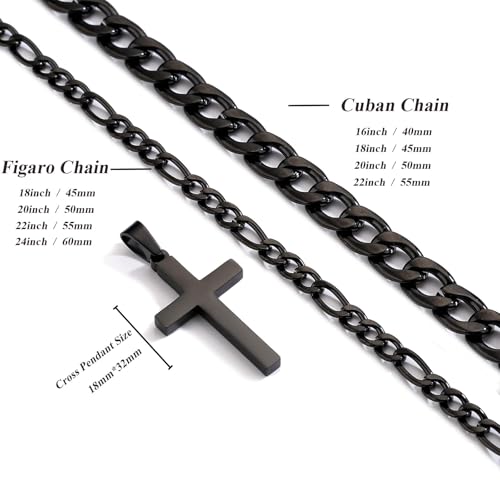 WEDDINEN Cross Necklace for Men Boys, Stainless Steel Layered Cross Pendant Cuban/Figaro Chains Christmas Jewelry Gifts - color: Black, size: 18in/20in