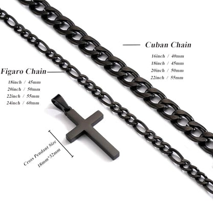 WEDDINEN Cross Necklace for Men Boys, Stainless Steel Layered Cross Pendant Cuban/Figaro Chains Christmas Jewelry Gifts - color: Black, size: 18in/20in
