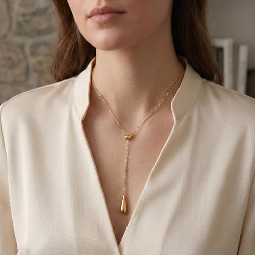 Lariat Gold Necklace for Women, Dainty Long Necklace Gold/Silver Plated Y-Shaped Pendant Necklace, Trendy Drop Necklaces Simple Gold Jewelry Gifts For Women - style: Waterdrop-Gold