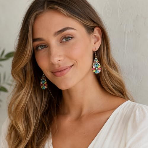Colorful Green Teardrop Earrings for Women - Bohemian Style Enamel Dangle Earrings Lightweight Fashion Jewelry for Daily/Wedding/Party - color: Rose Red