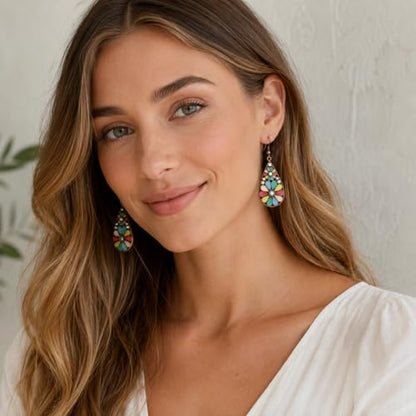 Colorful Green Teardrop Earrings for Women - Bohemian Style Enamel Dangle Earrings Lightweight Fashion Jewelry for Daily/Wedding/Party - color: Rose Red