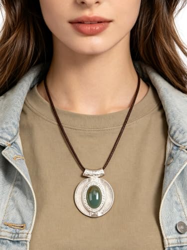 GelConnie Leather Necklace for Women Round Wooden Pendant Long Leather Choker Vintage Sweater Necklace Gold Chunky Boho Necklaces for Women - style: Blue Leather Necklace