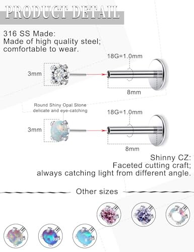 16G 18G 20G Threadless Flat Back Nose Ring Studs Earrings 316L Surgical Steel Tragus Helix Cartilage Earrings Medusa Labret Lip Rings Piercing Jewelry For Women Men Opal CZ 2mm 3mm - style: 18G-8MM Length-Top 3mm