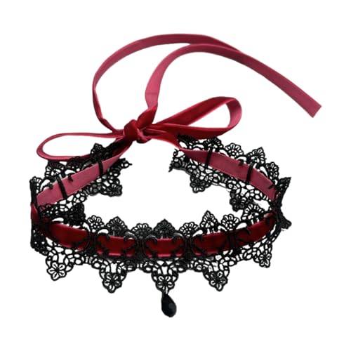 Gothic Lace Choker Tie-Up Velvet Ribbon 2 Pack Black & Burgundy Soft Collar Necklace with Crystal Drop Pendant Set - color: Black+Burgundy