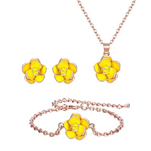 EleQueen Rose Flower Necklace Earrings Bracelet Set for Women - color: 03_Yellow Necklace+Earrings+Bracelet