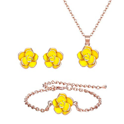 EleQueen Rose Flower Necklace Earrings Bracelet Set for Women - color: 03_Yellow Necklace+Earrings+Bracelet