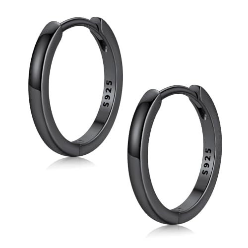 FaithHeart Solid 925 Sterling Silver Small Huggie Hoop Earrings for Women | Silver/Black/Gold/Rose Gold Small Hoop Earrings, Hypoallergenic Lightweight Cartilage Huggie Earrings, Gift Box - color: 01. Blank-Black, size: 14mm