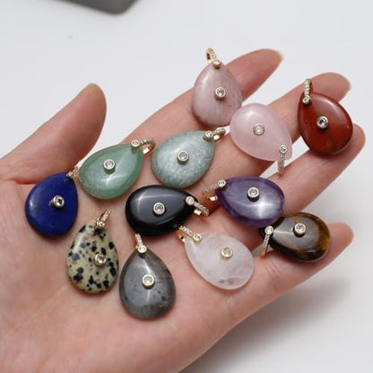 LE SKY Natural Stone Pendants Healing Crystal Gemstones with Rhinestone Charms for jewelry Making Necklace DIY Craft Gift - color: water drop