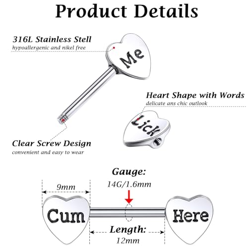 Hicarer 3 Pairs Women Breast Rings 14g Stainless Steel Breast Rings Tongue Barbell Heart Shape Body Piercing Jewelry - style: Stylish Style