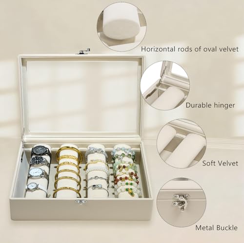Bracelet Holder Rods Bangles Box Organizer Display | Glass Lid Jewelry Boxes for Women with 4 Velvet Rods