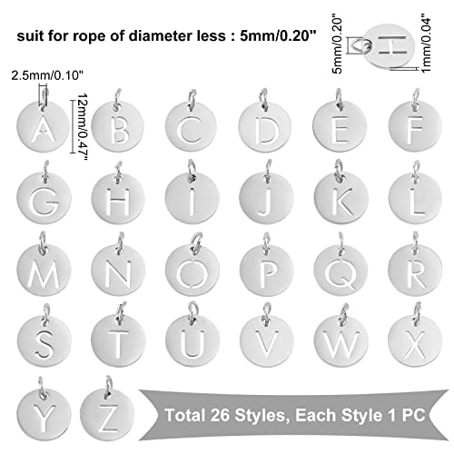 UNICRAFTALE 26pcs Flat Round with Letter Pendants 304 Stainless Steel Charms Letter A~Z Pendants for DIY Jewelry Making