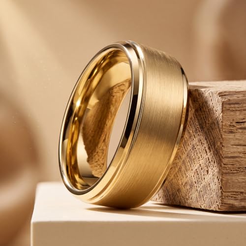 Tungsten Wedding Band Ring Black 10mm Men Women Comfort Fit 18k Rose Gold Step Edge Brushed Polished - color: Yellow Gold Tungsten