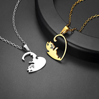 U7 Cat Pendant Necklace for Women Stainless Steel Cute Kitty Cat Jewelry Gift - style: 03-Heart Cat Set-Steel+Gold(Customized)