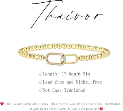 Beaded Bracelets for Women 14K Silver Gold Plated Stretch Handmade Ball Bracelets Cute Charm Bracelet Dainty Stackable Cross Heart Bow Wave CZ Circle Trendy Jewelry Easter Gifts - color: zirconia-square