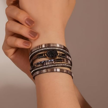 Boho Chunky Leather Wrap Bracelets Stackable Beaded Western Country Jewelry | Crystal Bead Trendy Layered Cuff Magnetic Clasp Stack Bohemian Statement Costume Outfits Cowgirl Fashion Hippie Accessories - color: Boho Black, size: 14.7"