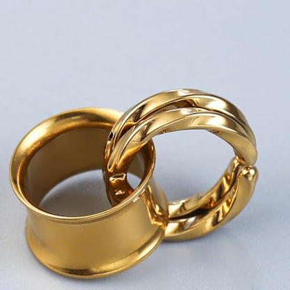 1 Pair Basic gauges+2 twisty rings Ear Tunnels Plugs 316 Stainless Steel Ear Gauges Weight Saddle Plugs Hypoallergenic expander Piercing Body Jewelry 00g 0g-1'' - color: Twisty-Gold, size: 8 mm