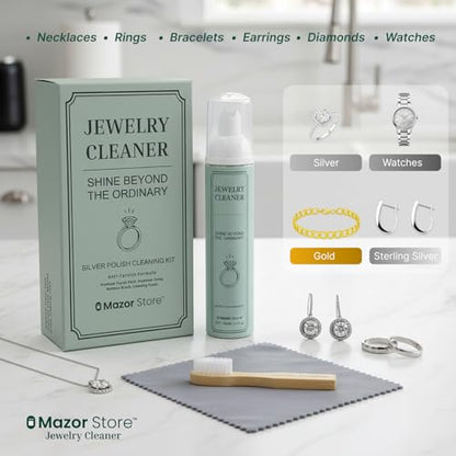 Silver Jewelry Cleaner, Instant Shine, 4-in-1 Gold, Platinum Jewelry Cleaner Solution, Brush, Large Polishing Cloth & Luxury Travel Box – Eco-Friendly, Tarnish Remover & Jewelry Cleaner Kit