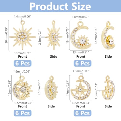 DICOSMETIC 24Pcs 4 Styles Alloy Sun Moon Star Charms Rhinestone Crystal Sun Charms Golden Celestial Charm for Jewelry Making Bracelets Necklace, Hole: 1.4-1.8mm