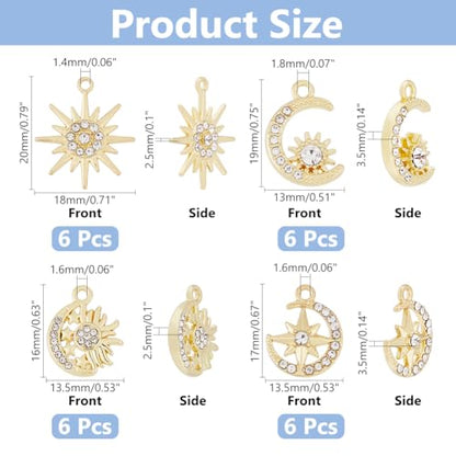 DICOSMETIC 24Pcs 4 Styles Alloy Sun Moon Star Charms Rhinestone Crystal Sun Charms Golden Celestial Charm for Jewelry Making Bracelets Necklace, Hole: 1.4-1.8mm