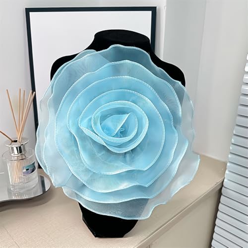 10inch Extra Large Flower Brooch Pin for Women Fashion Dainty Organza Satin Fabric Big Camellia Brooches Lapel Pins Wedding Dance Party Dress Accessories Exaggerated Jewelry Gift - color: 10 inch Blue