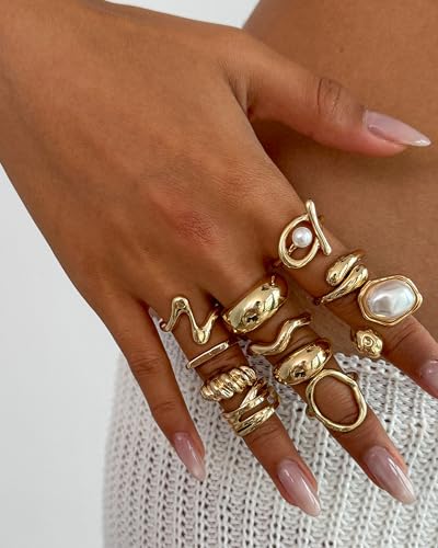 Chunky Gold Shell Starfish Ring Set for Women Trendy Gold Flower Scallop Seashell Starfish Gemstone Rings Adjustable Stacking Statement R-ings Non Tarnish Spring Summer Jewelry Accessories - color: A9:11 pcs
