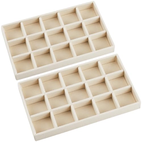 2Pcs 5 x 8.3 Inch Stackable Jewelry Trays Earring Holder Organizer Antique White 15 Grids Velvet Dresser Jewelry Drawer with Removable Divider for Bracelet Ring Watch Trinket Display Showcase - style: White 15 Grids