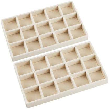 2Pcs 5 x 8.3 Inch Stackable Jewelry Trays Earring Holder Organizer Antique White 15 Grids Velvet Dresser Jewelry Drawer with Removable Divider for Bracelet Ring Watch Trinket Display Showcase - style: White 15 Grids