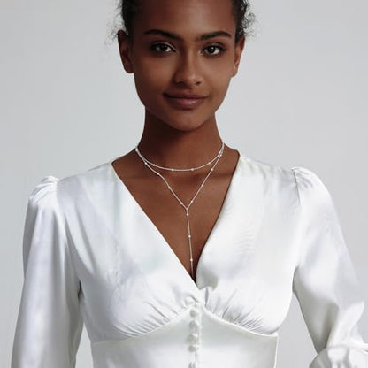 LULII Gold Necklace for Women Trendy Lariat Y Necklace Dainty 14k Gold Plated/Silver Long Necklaces for Women Layered Beaded Drop Necklaces Simple Y-Shaped Chain Jewelry Gifts - color: Y Layered Bead Necklace-Silver