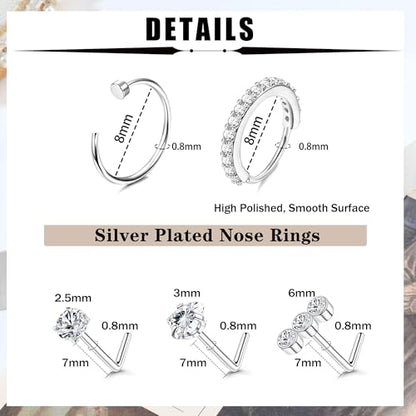 Besteel 10PCS Silver Plated Nose Ring Studs - 6PCS Toe Rings for Women Non Tarnish Hypoallergenic Trendy Summer Beach Jewelry for Women