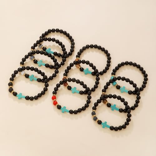 Beaded Bracelets Cross Bracelet for Women Men Lava Rock Turquoise Tiger Eye Natural Bracelet Anxiety Healing - color: 10 Pcs- Z (green cross)