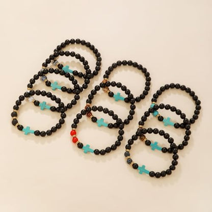Beaded Bracelets Cross Bracelet for Women Men Lava Rock Turquoise Tiger Eye Natural Bracelet Anxiety Healing - color: 10 Pcs- Z (green cross)