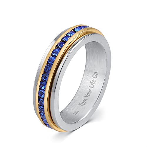 Muses Art Design Fidget Rings, Anxiety Rings, Spinner Rings, Band Rings with Birthstone, Stainless Steel, Women and Men, Meditation Rings, Thumb Rings, Stress Relieving and Anxiety Reducing - color: September - Sapphire